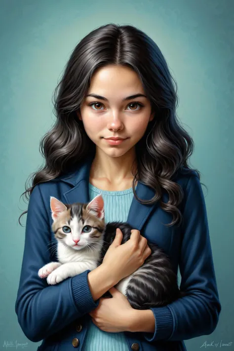 by Kelly Vivanco , by Alexander Millar and Duy Huynh in the style of Mark Lovett, cute 18 year old woman and her kitten, digital painting <lora:digital_painting_envy01:1.00> <lora:more_art:0.30><lora:clothing_slider:2.00><lora:great_lighting:1.30><lora:aesthetic:1.15><lora:photorealistic_portrait:1.25><lora:RMSDXL_Enhance:0.45><lora:RMSDXL_Creative:0.35><lora:RMSDXL_Photo:0.45><lora:RMSDXL_Darkness_Cinema:0.50><lora:XDetail_heavy:0.45><lora:perfect_eyes:0.15><lora:perfect_hands:0.15><lora:midjourney:-0.15><lora:looking_at_viewer:0.75><lora:dpo:0.25>