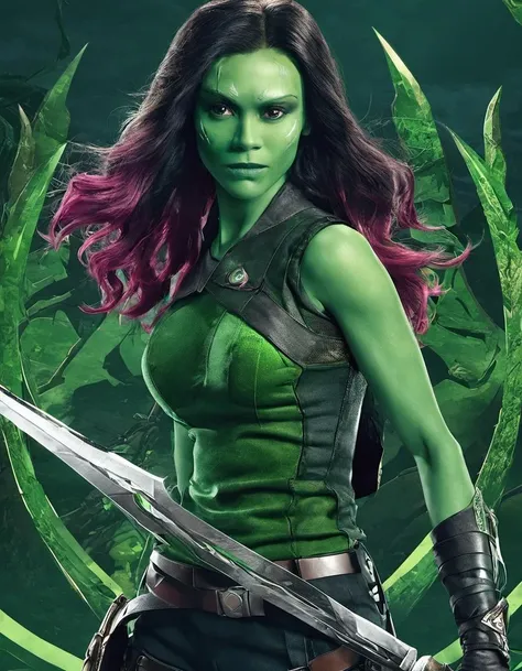 (upper body:1.1), skswoman, 1girl, green skin, skswoman, 1girl, solo, weapon, holding sword, animification, sword, professional, 4k, highly detailed <lora:Gamora:0.9>
