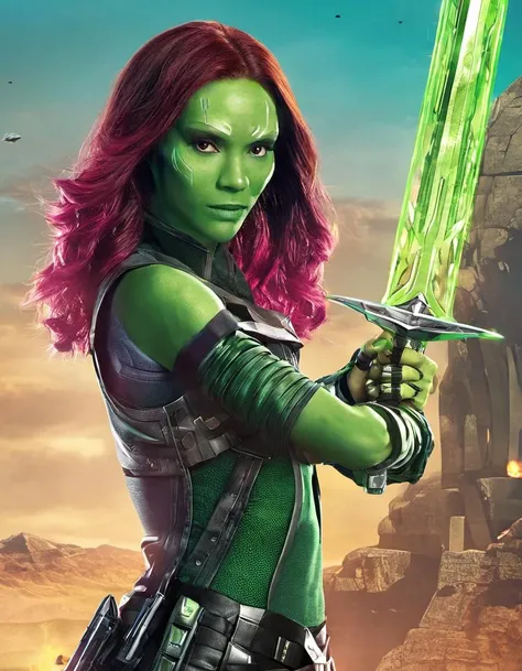 (upper body:1.1), skswoman, 1girl, green skin, skswoman, 1girl, solo, weapon, sword, gun, animification, energy sword, professional, 4k, highly detailed  <lora:Gamora:0.9>