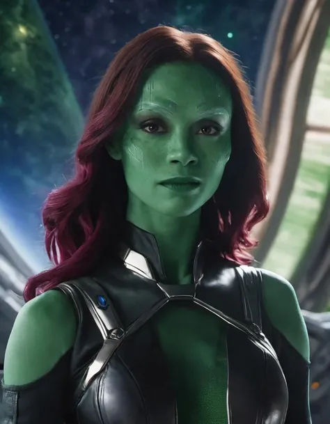 (closeup:1.1), skswoman, 1girl, green skin, (solo:1.2), animification, professional, 4k, highly detailed background (lonely planet:1.2) in deep space <lora:Gamora:0.9>