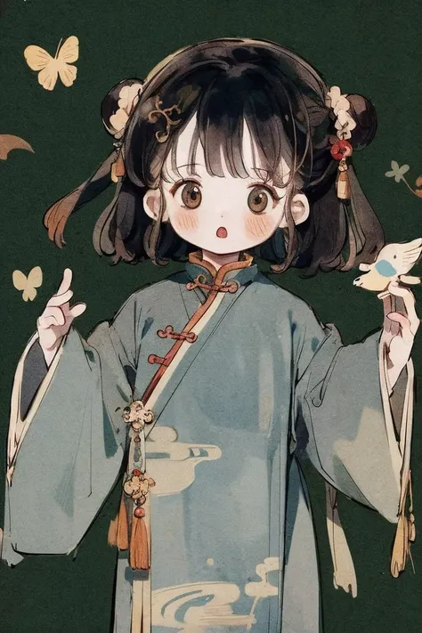 masterpiece, best quality, extremely detailed, detailed background, detailed face, hanfu, 1girl, solo, jewelry, earrings, hair ornament, long sleeves, chinese clothes, glowing, black hair, hair bun, dress, blush, brown eyes, standing, wide sleeves, dark, light particles, hands up, bug, :o, butterfly, beads, bird, looking away, sleeves past wrists, bangs, child
 <lora:GuihuagaoSomeSortOf_v10:1>