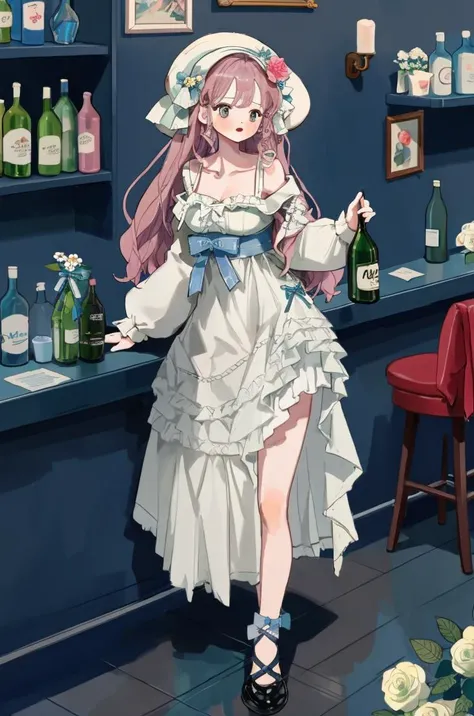 1girl, solo, (masterpiece), (best quality), in a bar, wall of bottles in background, full body, standing, hair ornaments, flowers, hat, sexy, <lora:GuihuagaoSomeSortOf_v10:1>