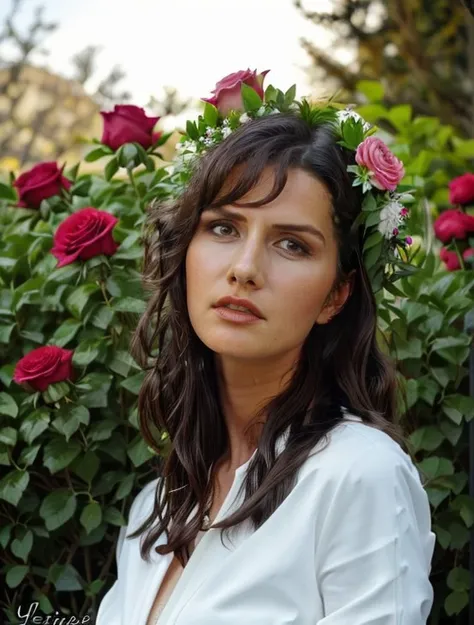 yasemin_ergene, with flowers in her hair and a wreath of pink roses on her head, standing in front of a dark background, painted by artgerm and tom bagshaw, fantasy art, dramatic lighting, highly detailed oil painting
 <lora:yasemin_ergene-000016:0.9>