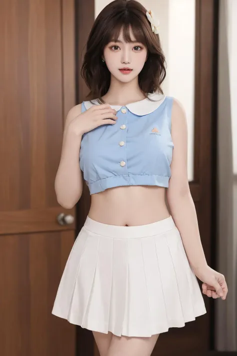 <lora:Twinkle_20240224164610:0.65>, white skirt, kindergarten uniform, blue shirt, best quality, masterpiece, illustration, realistic, photo-realistic, amazing, finely detail, incredibly absurdres, huge filesize, ultra-detailed, highres, extremely detailed CG unity 8k wallpaper, nsfw, close-up, A young Korean woman with long, flowing black hair that frames her face. Her skin is pale and flawless, with a hint of a blush on her cheeks. Her eyes are large and almond-shaped, a deep, dark brown that sparkles with intelligence and curiosity. She stands confidently, wearing only a white skirt that hugs her hips and a blue shirt that hangs loosely from her shoulders, leaving her torso bare. The soft curves of her breasts and the gentle slope of her stomach are fully exposed, revealing her sensual physique. She exudes an air of allure and confidence, a beautiful flower in full bloom.