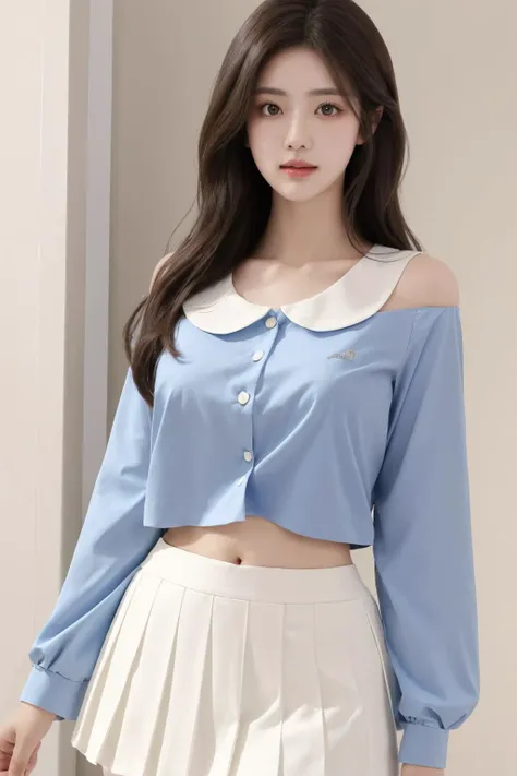 <lora:Twinkle_20240224164610:0.65>, white skirt, kindergarten uniform, blue shirt, best quality, masterpiece, illustration, realistic, photo-realistic, amazing, finely detail, incredibly absurdres, huge filesize, ultra-detailed, highres, extremely detailed CG unity 8k wallpaper, nsfw, close-up, A young Korean woman with long, flowing black hair that frames her face. Her skin is pale and flawless, with a hint of a blush on her cheeks. Her eyes are large and almond-shaped, a deep, dark brown that sparkles with intelligence and curiosity. She stands confidently, wearing only a white skirt that hugs her hips and a blue shirt that hangs loosely from her shoulders, leaving her torso bare. The soft curves of her breasts and the gentle slope of her stomach are fully exposed, revealing her sensual physique. She exudes an air of allure and confidence, a beautiful flower in full bloom.
