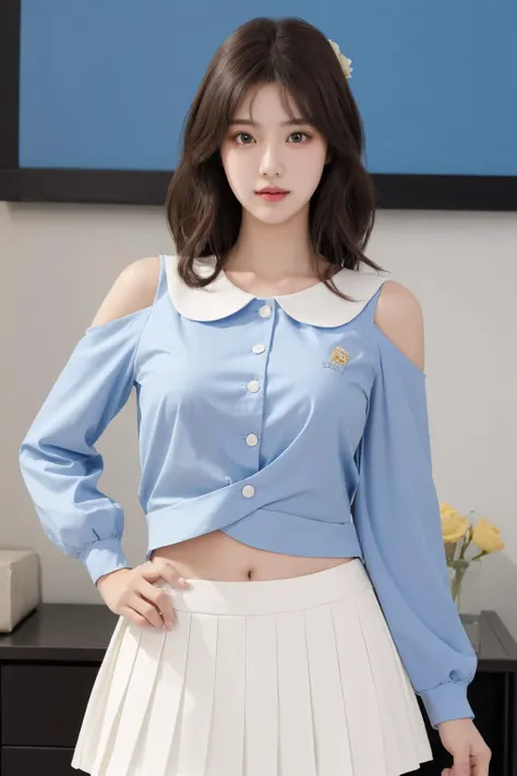 <lora:Twinkle_20240224164610:0.65>, white skirt, kindergarten uniform, blue shirt, best quality, masterpiece, illustration, realistic, photo-realistic, amazing, finely detail, incredibly absurdres, huge filesize, ultra-detailed, highres, extremely detailed CG unity 8k wallpaper, nsfw, close-up, A young Korean woman with long, flowing black hair that frames her face. Her skin is pale and flawless, with a hint of a blush on her cheeks. Her eyes are large and almond-shaped, a deep, dark brown that sparkles with intelligence and curiosity. She stands confidently, wearing only a white skirt that hugs her hips and a blue shirt that hangs loosely from her shoulders, leaving her torso bare. The soft curves of her breasts and the gentle slope of her stomach are fully exposed, revealing her sensual physique. She exudes an air of allure and confidence, a beautiful flower in full bloom.