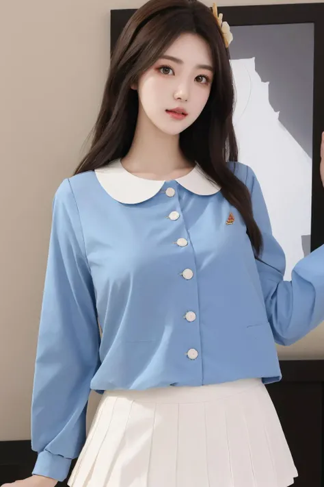 <lora:Twinkle_20240224164610:0.8>, white skirt, kindergarten uniform, blue shirt, best quality, masterpiece, illustration, realistic, photo-realistic, amazing, finely detail, incredibly absurdres, huge filesize, ultra-detailed, highres, extremely detailed CG unity 8k wallpaper, nsfw, close-up, A young Korean woman with long, flowing black hair that frames her face. Her skin is pale and flawless, with a hint of a blush on her cheeks. Her eyes are large and almond-shaped, a deep, dark brown that sparkles with intelligence and curiosity. She wears a simple white skirt and blue shirt, the fabric barely clinging to her body, hinting at the curves and contours beneath. She exudes an air of confidence and sensuality, a beautiful flower in full bloom.