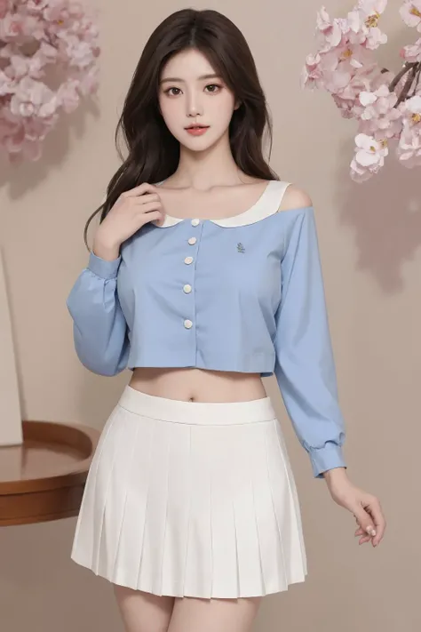 <lora:Twinkle_20240224164610:0.65>, white skirt, kindergarten uniform, blue shirt, best quality, masterpiece, illustration, realistic, photo-realistic, amazing, finely detail, incredibly absurdres, huge filesize, ultra-detailed, highres, extremely detailed CG unity 8k wallpaper, nsfw, close-up, A young Korean woman with long, flowing black hair that frames her face. Her skin is pale and flawless, with a hint of a blush on her cheeks. Her eyes are large and almond-shaped, a deep, dark brown that sparkles with intelligence and curiosity. She stands confidently, wearing only a white skirt that hugs her hips and a blue shirt that hangs loosely from her shoulders, leaving her torso bare. The soft curves of her breasts and the gentle slope of her stomach are fully exposed, revealing her sensual physique. She exudes an air of allure and confidence, a beautiful flower in full bloom.