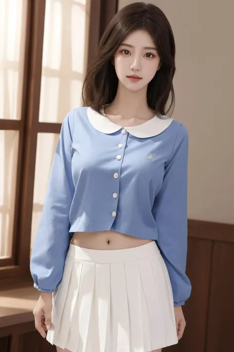 <lora:Twinkle_20240224164610:0.7>, white skirt, kindergarten uniform, blue shirt, best quality, masterpiece, illustration, realistic, photo-realistic, amazing, finely detail, incredibly absurdres, huge filesize, ultra-detailed, highres, extremely detailed CG unity 8k wallpaper, nsfw, close-up, A young Korean woman with long, flowing black hair that frames her face. Her skin is pale and flawless, with a hint of a blush on her cheeks. Her eyes are large and almond-shaped, a deep, dark brown that sparkles with intelligence and curiosity. She stands confidently, wearing only a white skirt that hugs her hips and a blue shirt that hangs loosely from her shoulders, leaving her torso bare. The soft curves of her breasts and the gentle slope of her stomach are fully exposed, revealing her sensual physique.