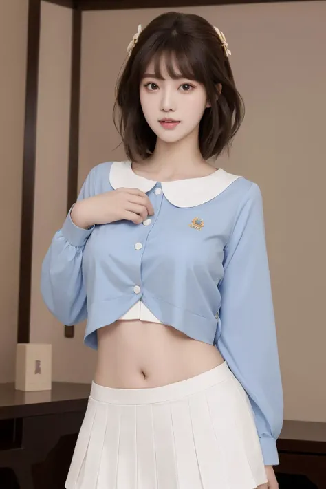 <lora:Twinkle_20240224164610:0.65>, white skirt, kindergarten uniform, blue shirt, best quality, masterpiece, illustration, realistic, photo-realistic, amazing, finely detail, incredibly absurdres, huge filesize, ultra-detailed, highres, extremely detailed CG unity 8k wallpaper, nsfw, close-up, A young Korean woman with long, flowing black hair that frames her face. Her skin is pale and flawless, with a hint of a blush on her cheeks. Her eyes are large and almond-shaped, a deep, dark brown that sparkles with intelligence and curiosity. She stands confidently, wearing only a white skirt that hugs her hips and a blue shirt that hangs loosely from her shoulders, leaving her torso bare. The soft curves of her breasts and the gentle slope of her stomach are fully exposed, revealing her sensual physique. She exudes an air of allure and confidence, a beautiful flower in full bloom.