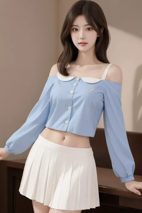 <lora:Twinkle_20240224164610:0.65>, white skirt, kindergarten uniform, blue shirt, best quality, masterpiece, illustration, realistic, photo-realistic, amazing, finely detail, incredibly absurdres, huge filesize, ultra-detailed, highres, extremely detailed CG unity 8k wallpaper, nsfw, close-up, A young Korean woman with long, flowing black hair that frames her face. Her skin is pale and flawless, with a hint of a blush on her cheeks. Her eyes are large and almond-shaped, a deep, dark brown that sparkles with intelligence and curiosity. She stands confidently, wearing only a white skirt that hugs her hips and a blue shirt that hangs loosely from her shoulders, leaving her torso bare. The soft curves of her breasts and the gentle slope of her stomach are fully exposed, revealing her sensual physique. She exudes an air of allure and confidence, a beautiful flower in full bloom.