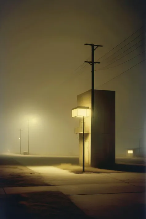 <lora:Todd Hido Style:1>Todd Hido Style - A single, solitary light from a window in a vast, towering arcology, piercing the perpetual twilight of a post-apocalyptic cityscape. In the style of Todd Hido