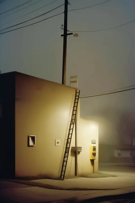 <lora:Todd Hido Style:1>Todd Hido Style - a photo by todd hido of a ladder up against a wall and a vending machine under a street light at dusk.