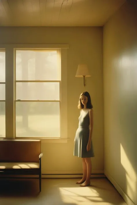 <lora:Todd Hido Style:1>Todd Hido Style - Liminal space interior near a country street. Evening light. 28mm lens, dramatic lighting. Realistic skin. Full length figures. 2023. By Todd Hido and Wes Anderson and Alex Webb and Bo Bartlett and Sally Mann. Mixed race.
