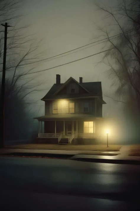 <lora:Todd Hido Style:1>Todd Hido Style - A solitary house at the end of a dimly lit street, the only source of light is the glow coming from a single window. In the style of Todd Hido.