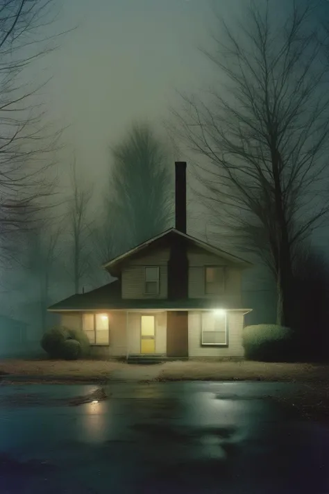 <lora:Todd Hido Style:1>Todd Hido Style - Todd Hido style photographs of eerie homes at night, with a centred wes anderson style
