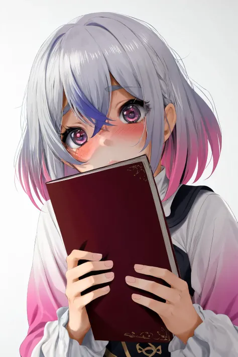 1girl, blush, by fumihiko, fumihiko, 1girl, blue eyes, blue hair, covered mouth, eyebrows hidden by hair, grey hair, hair between eyes, liquid hair, multicolored eyes, multicolored hair, pink eyes, pink hair, book, gradient background, grey background, upper body, white background <lora:spfumihikoStyle:1>
