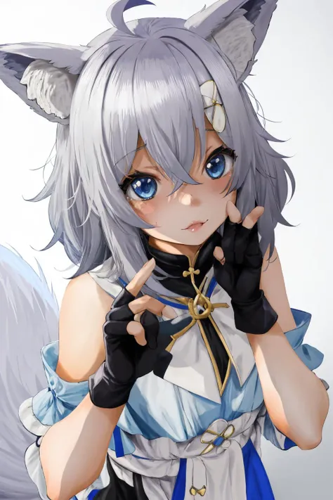 1girl, by fumihiko, fumihiko, 1girl, ahoge, animal ear fluff, animal ears, blue eyes, crossed bangs, extra ears, fox ears, fox girl, fox tail, grey hair, hair between eyes, medium hair, partially fingerless gloves, sidelocks, tail,  <lora:spfumihikoStyle:1>