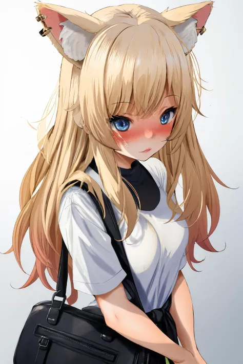 1girl, blush, by fumihiko, fumihiko, 1girl, animal ear fluff, animal ears, blonde hair, blue eyes, breasts, cat ears, extra ears, long hair, medium breasts, duffel bag, gradient background, grey background, halo, white background <lora:spfumihikoStyle:1>