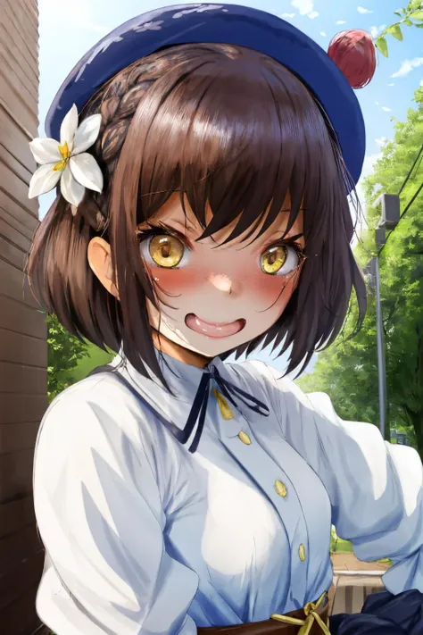 1girl, blush, by fumihiko, fumihiko, 1girl, braid, brown hair, dot mouth, french braid, hat flower, short hair, yellow eyes,  <lora:spfumihikoStyle:1.2>