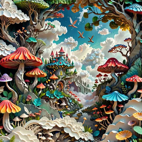 Pattern aesthetics, art research, spaces and small worlds of various artistic directions, plants, elves, mushrooms, stones, trees, clouds, intricate details, highly detailed, realistic, full of fantasy, fantasy world, vivid colors, 4K resolution, ultra-high quality, dreamlike scenes, artistic, imaginative
,<lora:é²åä¸æ´¾@æçº¸èºæ¯SDXL:1>Origami art