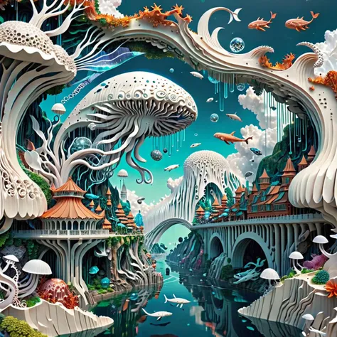 Pattern Aesthetics, Art Studies, whales, fantasy world, city, science fiction, futurism, big scene, dream, blue sky, landscape, sky, clouds, outdoor, science fiction, water, city, tree, bridge, waterfall, deep sea, fish, surreal, glass, alien planet, jellyfish, starfish, octopus, underwater city, white alien building, intricate details, highly detailed, realistic, full of fantasy, fantasy world, vivid colors, 4k resolution, ultra-high quality, dreamlike scenes, artistic, imaginative
,<lora:é²åä¸æ´¾@æçº¸èºæ¯SDXL:1>Origami art