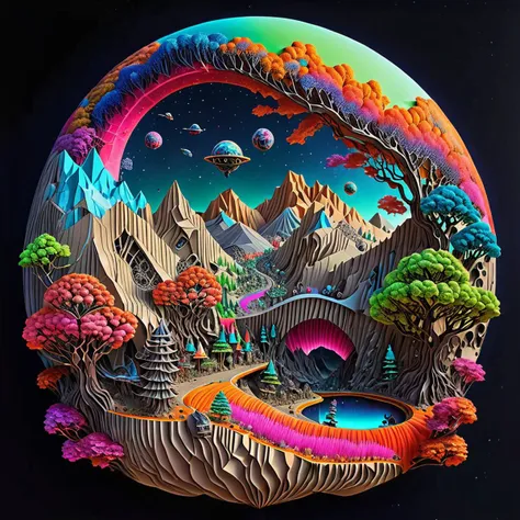 universe,aesthetics of cosmic motifs,art Research,space and the planet in various artistic directions,trees,balls,flashy colors,psychedelic,complex alien planet,colorful,fluo,intricate details,highly detailed,realistic,Mountains,castles,airship,Robot,<lora:é²åä¸æ´¾@æçº¸èºæ¯SDXL:1>Origami art