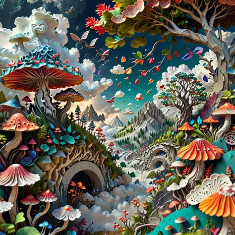 Pattern aesthetics, art research, spaces and small worlds of various artistic directions, plants, elves, mushrooms, stones, trees, clouds, intricate details, highly detailed, realistic, full of fantasy, fantasy world, vivid colors, 4K resolution, ultra-high quality, dreamlike scenes, artistic, imaginative
,<lora:é²åä¸æ´¾@æçº¸èºæ¯SDXL:1>Origami art