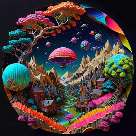 universe,aesthetics of cosmic motifs,art Research,space and the planet in various artistic directions,trees,balls,flashy colors,psychedelic,complex alien planet,colorful,fluo,intricate details,highly detailed,realistic,Mountains,castles,airship,Robot,<lora:é²åä¸æ´¾@æçº¸èºæ¯SDXL:1>Origami art