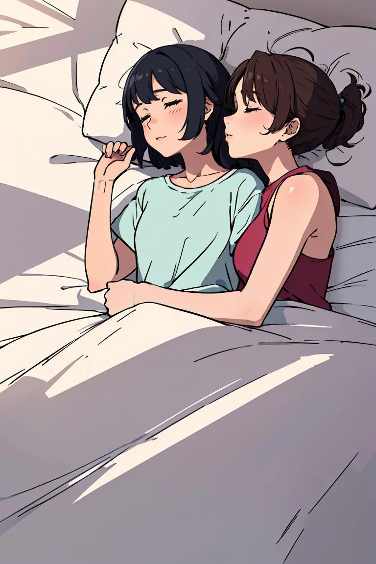 (masterpiece, best quality), <lora:Cuddling:0.8> Cuddling, 2girls, on bed, bed sheet, embarrassed,