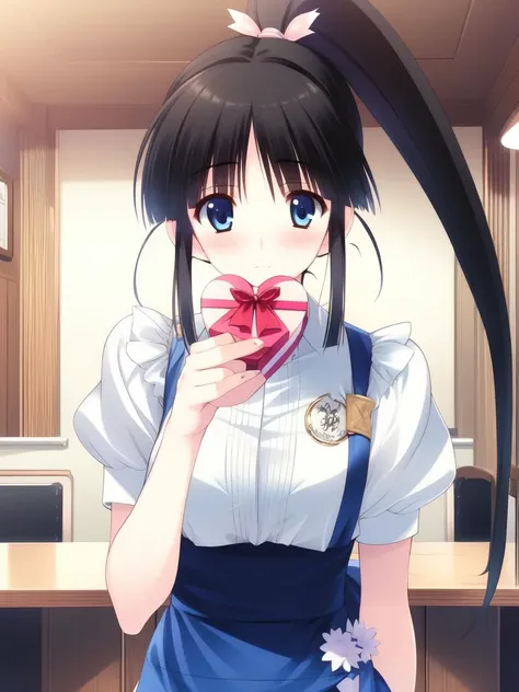<lora:Sugiura_Koharu:0.8>Koharu, 1girl, solo, black hair, ponytail, blue eyes, gift, cowboy Shot, holding gift, blush, valentine, holding, waitress, looking at viewer, class_in_the_room, 
masterpiece, high quality, very_high_resolution, large_filesize, full color,
