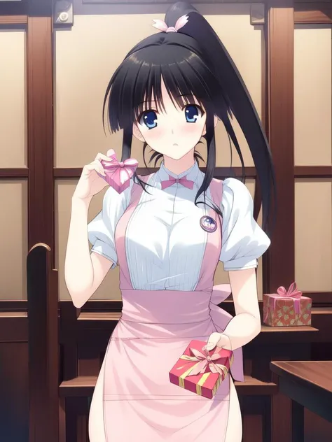 <lora:Sugiura_Koharu:0.8>Koharu, 1girl, solo, black hair, ponytail, blue eyes, gift, cowboy Shot, holding gift, blush, valentine, holding, waitress, looking at viewer, class_in_the_room, 
masterpiece, high quality, very_high_resolution, large_filesize, full color,