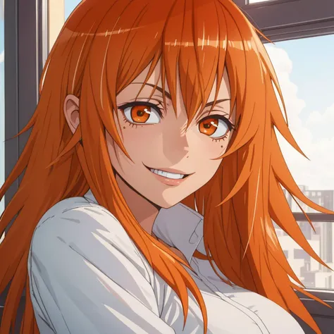 RAW photo, (high detailed skin, detailed eyes:1.1), intricate details, best quality, 8k uhd, soft lighting, maki_gamou_donttoywithmemissnagatoro, long hair, orange hair, brown eyes, smile, orange eyes <lora:maki_gamou_donttoywithmemissnagatoro:0.6>
