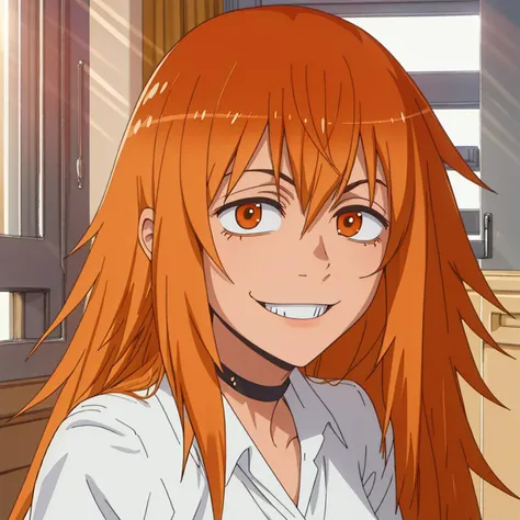 RAW photo, (high detailed skin, detailed eyes:1.1), intricate details, best quality, 8k uhd, soft lighting, maki_gamou_donttoywithmemissnagatoro, long hair, orange hair, brown eyes, smile, orange eyes <lora:maki_gamou_donttoywithmemissnagatoro:0.8>