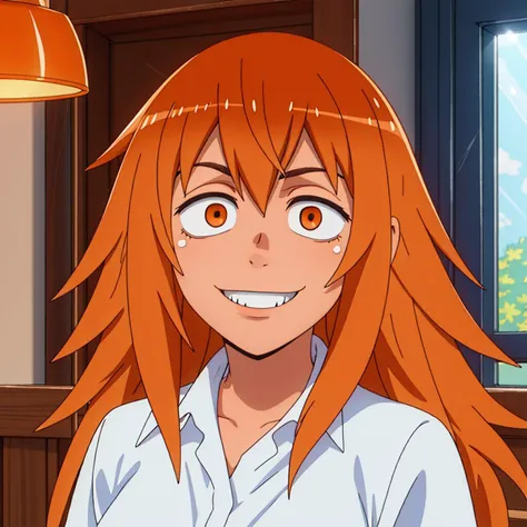 RAW photo, (high detailed skin, detailed eyes:1.1), intricate details, best quality, 8k uhd, soft lighting, maki_gamou_donttoywithmemissnagatoro, long hair, orange hair, brown eyes, smile, orange eyes <lora:maki_gamou_donttoywithmemissnagatoro:0.8>