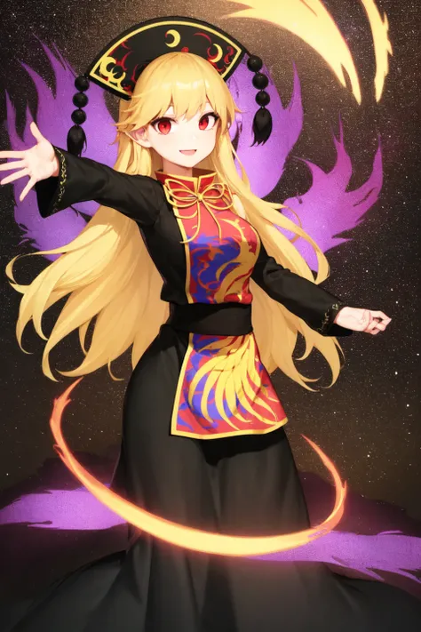 1girl, solo, junko \(touhou\), long hair, blonde hair, red eyes, black headwear, black dress, long sleeves, tabard, smile, looking at viewer, standing, spread arms, spectral tails, purple fire, space, stars <lora:char-junko-8dim:1>