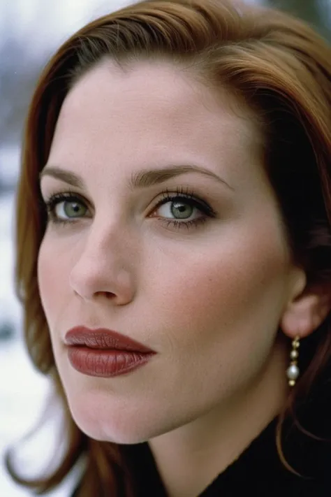 a close up of a woman with a black top and earrings