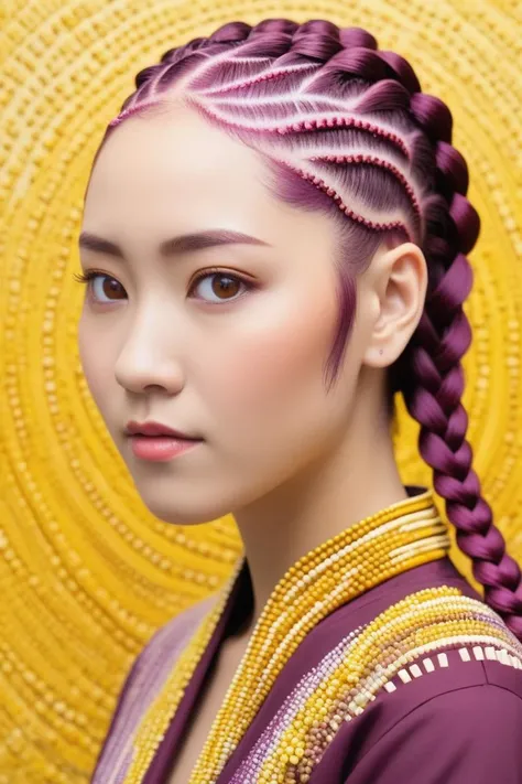 a woman with purple hair and a purple top is wearing a purple braid