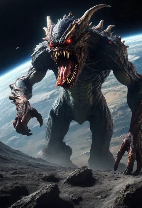 RAW photo, Masterpiece, high quality, great details, high resolution, great light, high accuracyA picture of a huge space monster eating a planet.monster,The planet is eaten