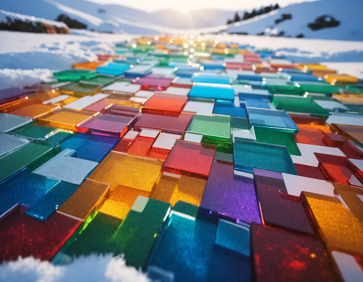 cinematic, a jigsaw puzzle made out of colorfull glass laying in snow, 8k, uhd, masterpiece