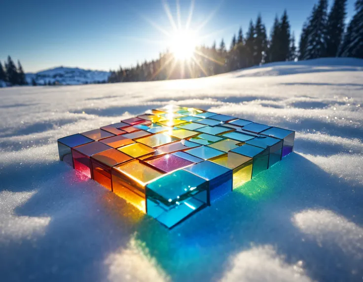 cinematic, a jigsaw puzzle made out of colorfull glass laying in snow, rays of light are reflecting from the puzzle , 8k, uhd, masterpiece