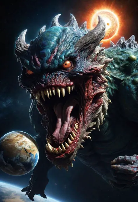 RAW photo, Masterpiece, high quality, great details, high resolution, great light, high accuracyA picture of a huge space monster eating a planet.monster,The planet is eaten
