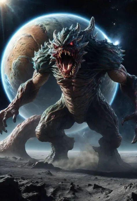 RAW photo, Masterpiece, high quality, great details, high resolution, great light, high accuracyA picture of a huge space monster eating a planet.monster,The planet is eaten