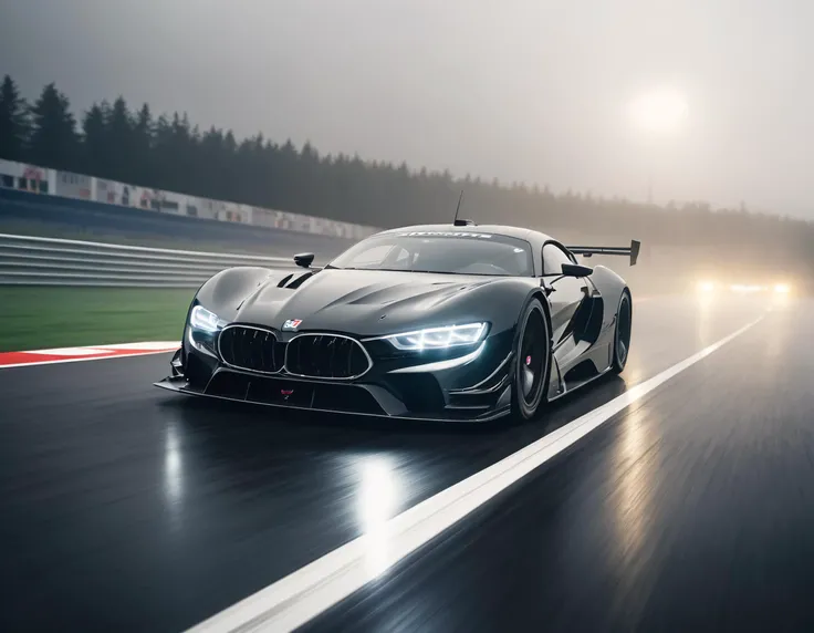 cinematic, a sportscar is driving on a racetrack, rain, fog, haze lighting, motion blur, 8k, uhd, masterpiece
