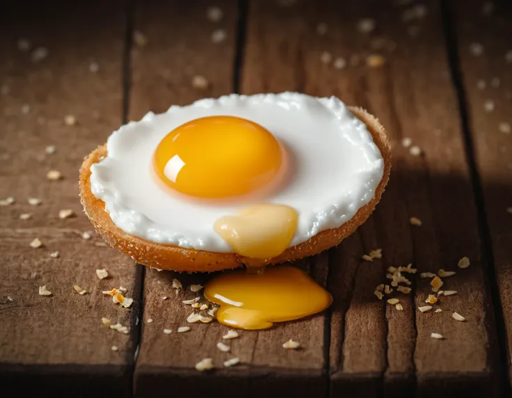 cinematic, a cooked egg on a wooden table, , 8k, uhd, masterpiece