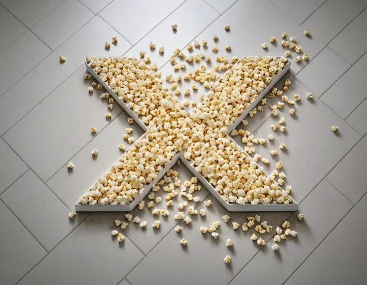 cinematic, popcorn on a tile table forming the letter "X", 8k, uhd, masterpiece
