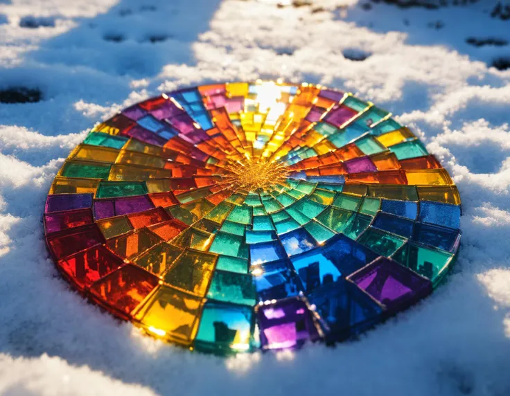 cinematic, a jigsaw puzzle made out of colorfull glass laying in snow, sun rays reflecting from the jigsaw puzzle , 8k, uhd, masterpiece