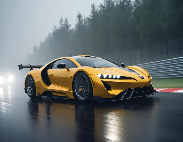 cinematic, a sportscar is driving on a racetrack, rain, fog, haze lighting, motion blur, 8k, uhd, masterpiece