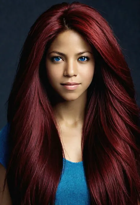 upper body image, 30y.o. Shakira with blue Japanese eyes, very dark skin, super long ruby red hair, blue eyes, very long ruby red hair, bright blue eyes, (very dark skin)