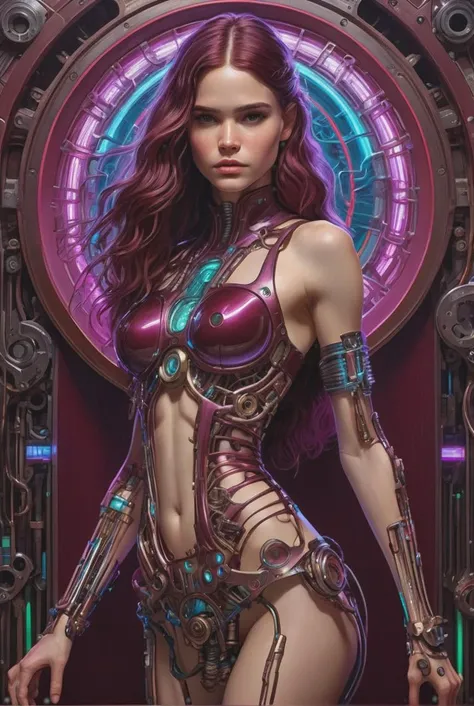 detailed, stylized by John William Waterhouse, professionally shot of a Biomechanical "In the symphony of acceptance, we embrace our imperfections, finding beauty in our vulnerabilities.", insane details, Neon Light, Colorful and Burgundy neon hue